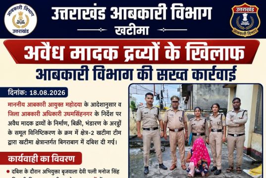 खटीमा में आबकारी विभाग की कार्रवाई, 20 लीटर कच्ची शराब के साथ महिला गिरफ्तार